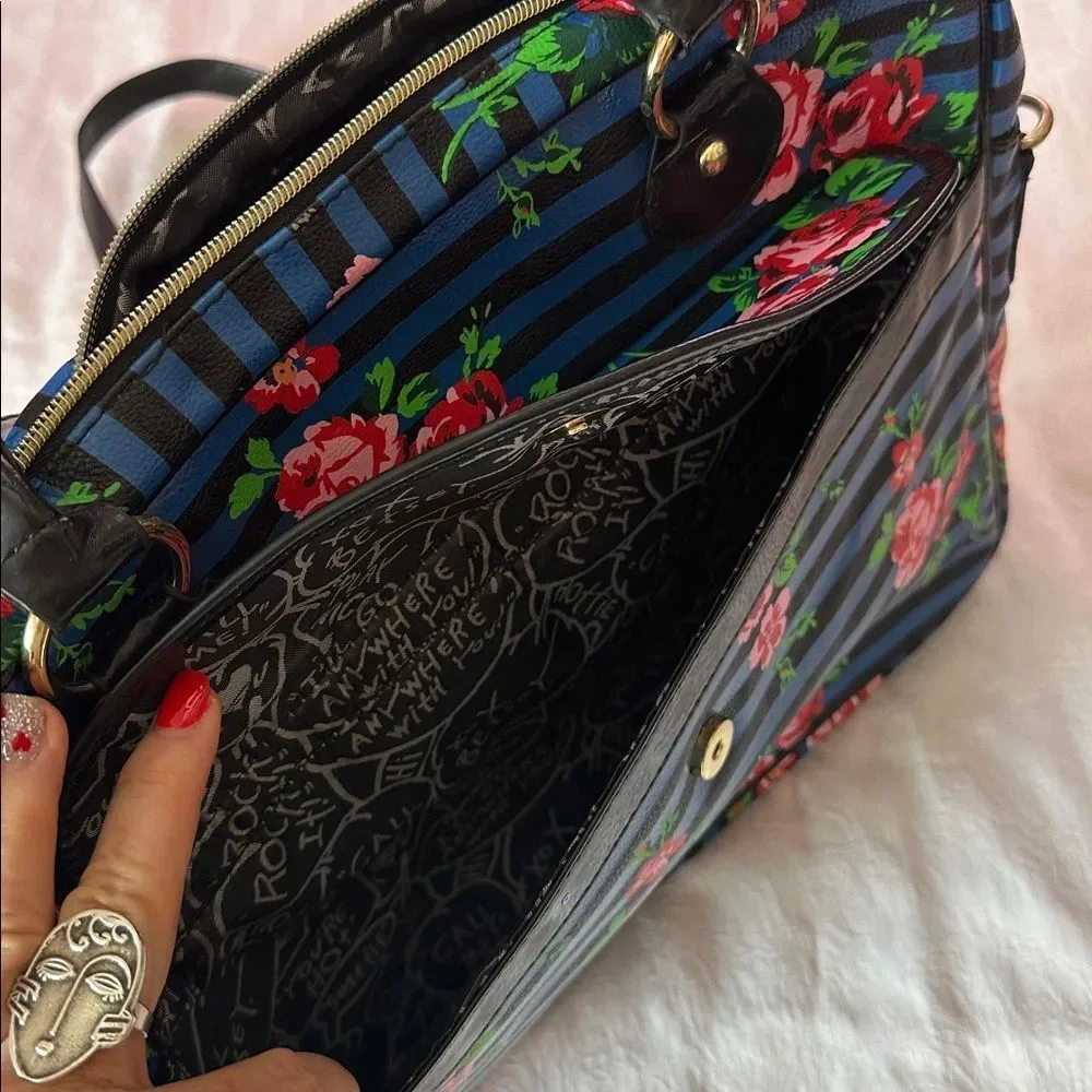 Betsy Johnson Laptop Bag Crossbody Roses Stripes